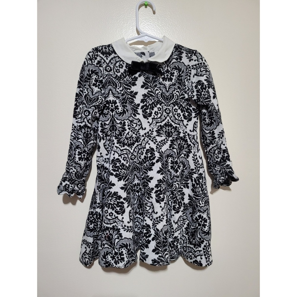 Janie and Jack‎ Damask Knit Dress Girls 5 Black White Peter Pan Collar